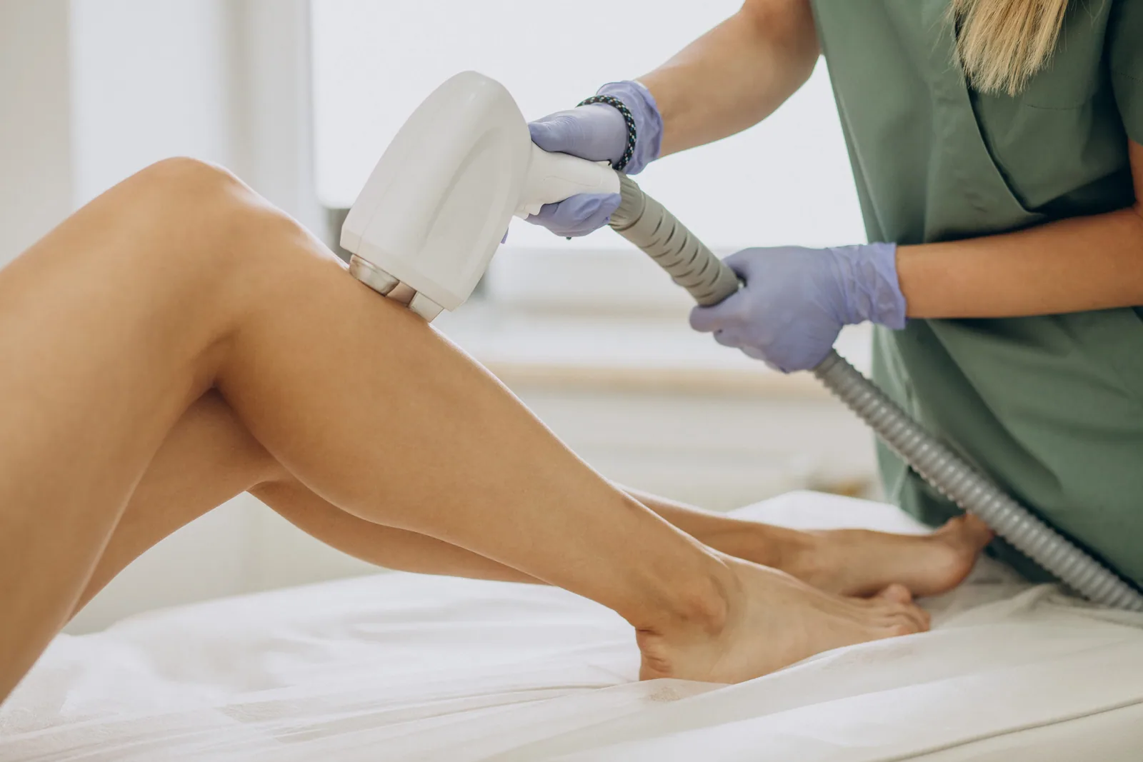 Laser hair removal treatment being carried out on a client's leg