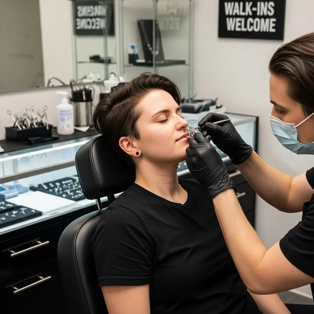 Piercer marking and performing a nose piercing on a client at InkSquad Studio