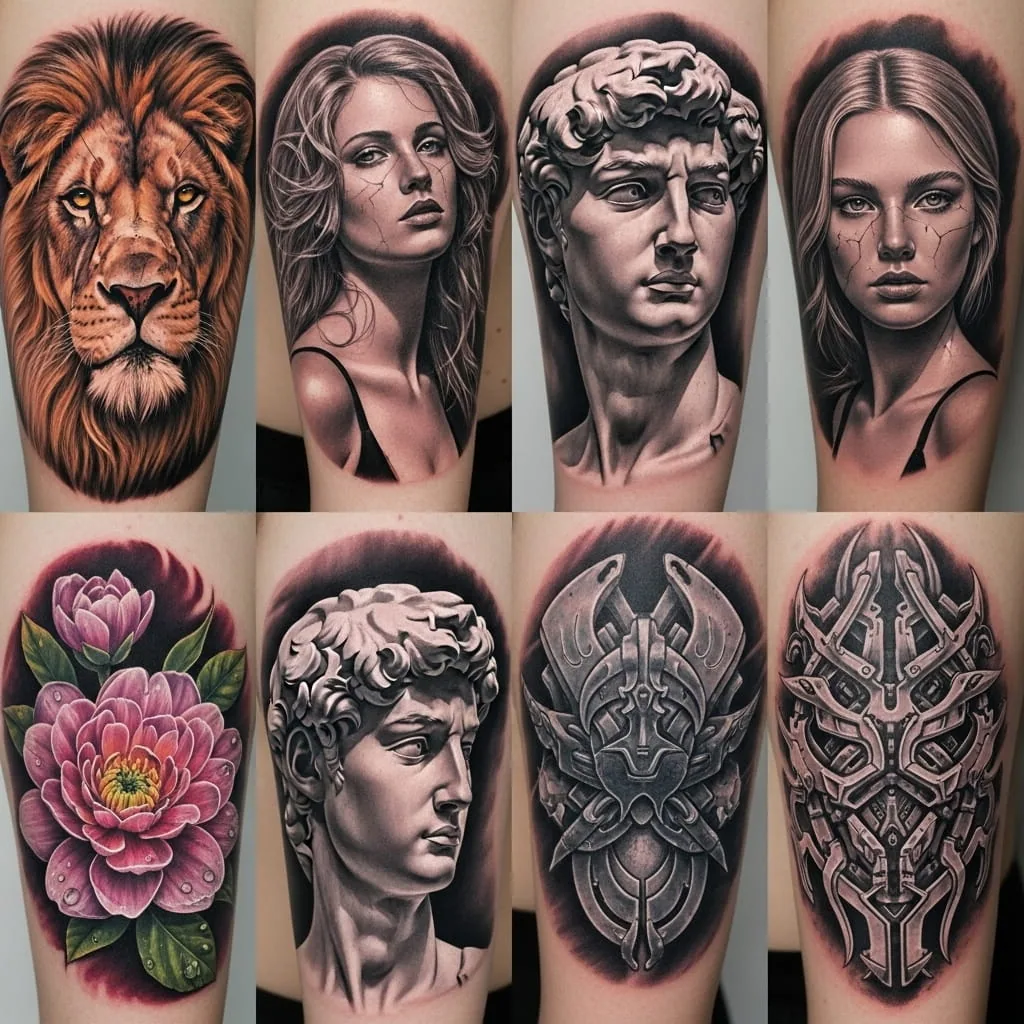 Realism sleeve tattoos of a lion and classical portraits