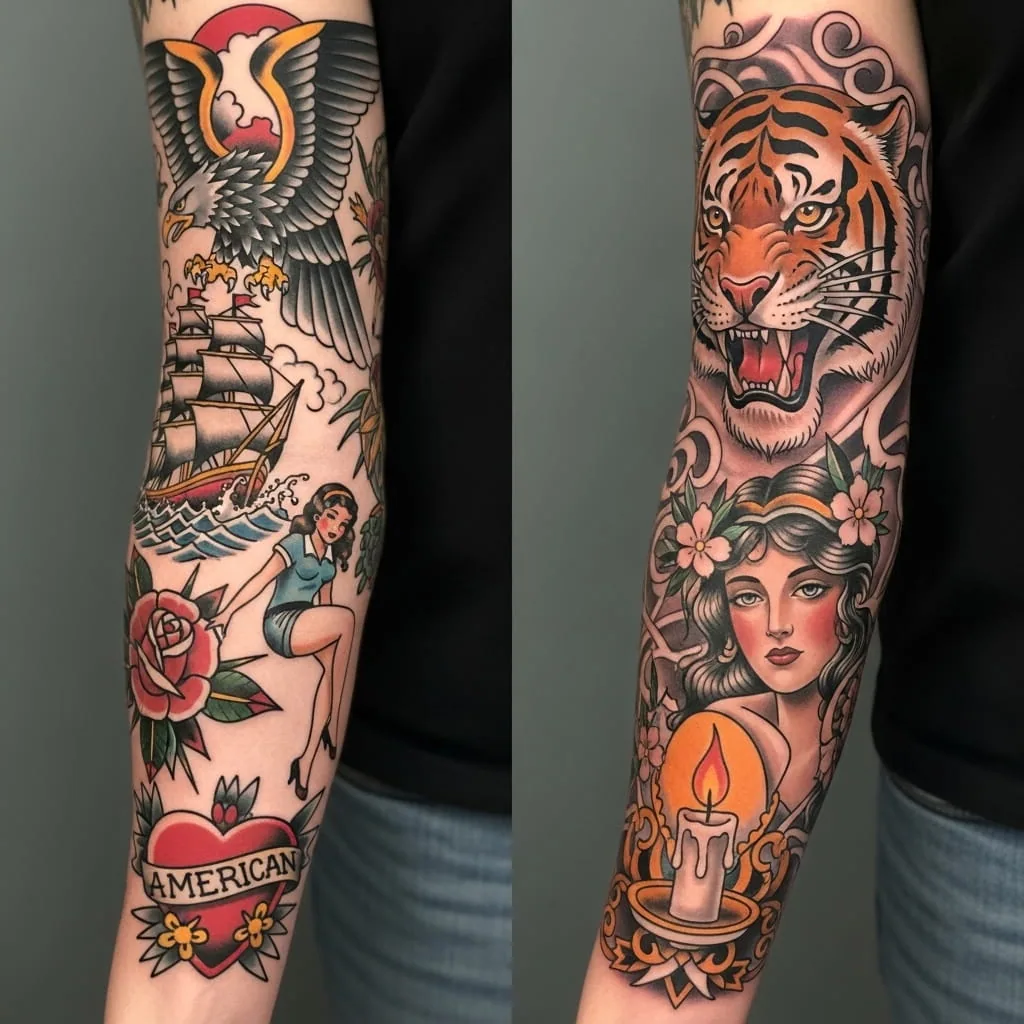 Traditional American tattoo sleeve with bold outlines and solid color
