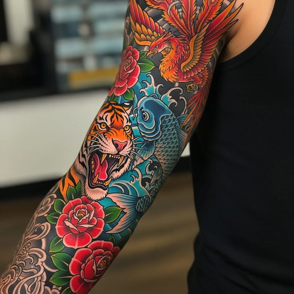 Full color tattoo sleeve in reds, oranges and blues