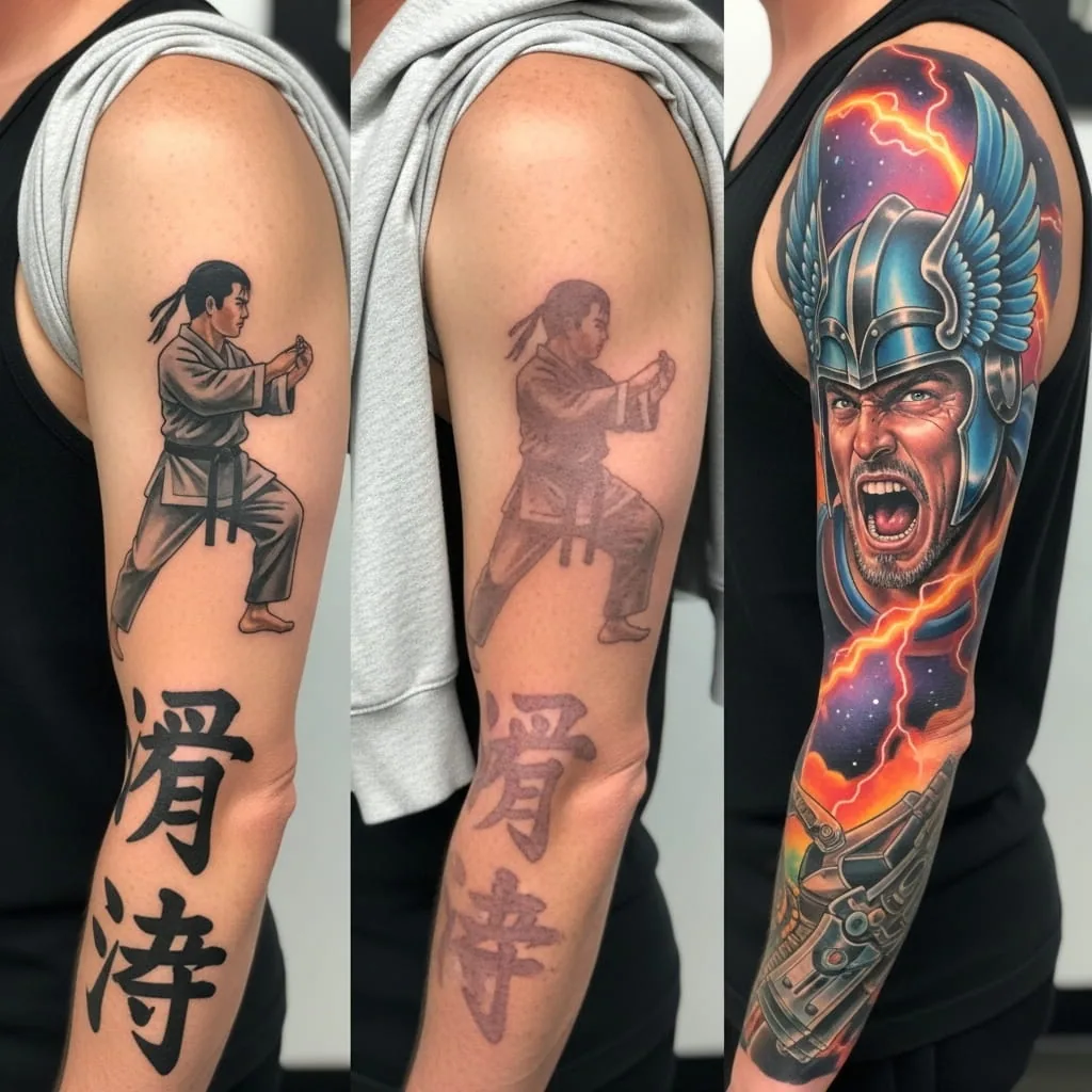 Cover-up tattoo examples showing old ink reworked into new designs