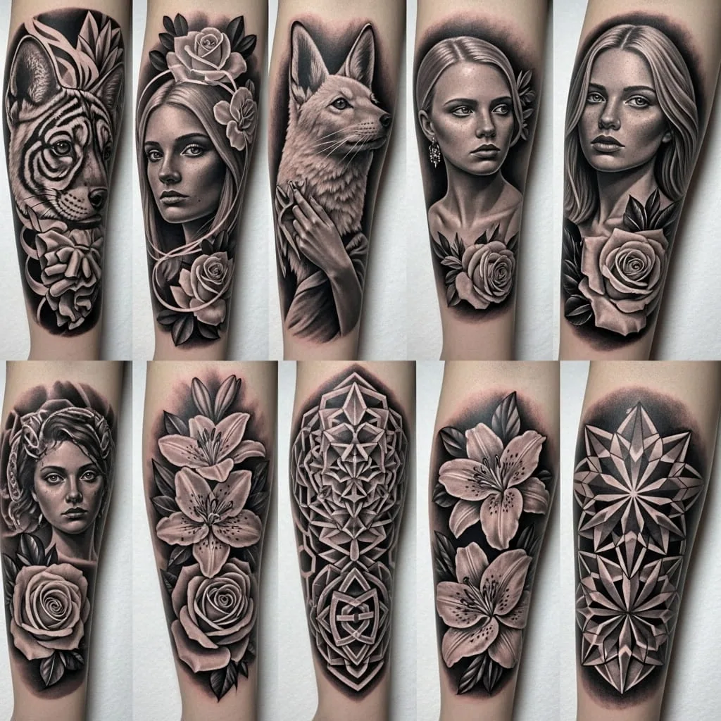 Black and gray tattoo panels of portraits, roses and mandala work