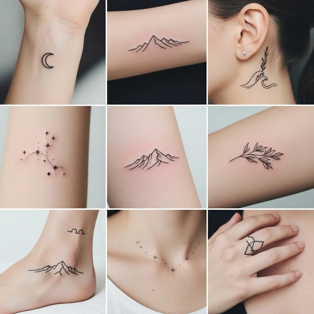 Small fine line tattoos on wrist, ankle and collarbone, the size that suits the tips deal