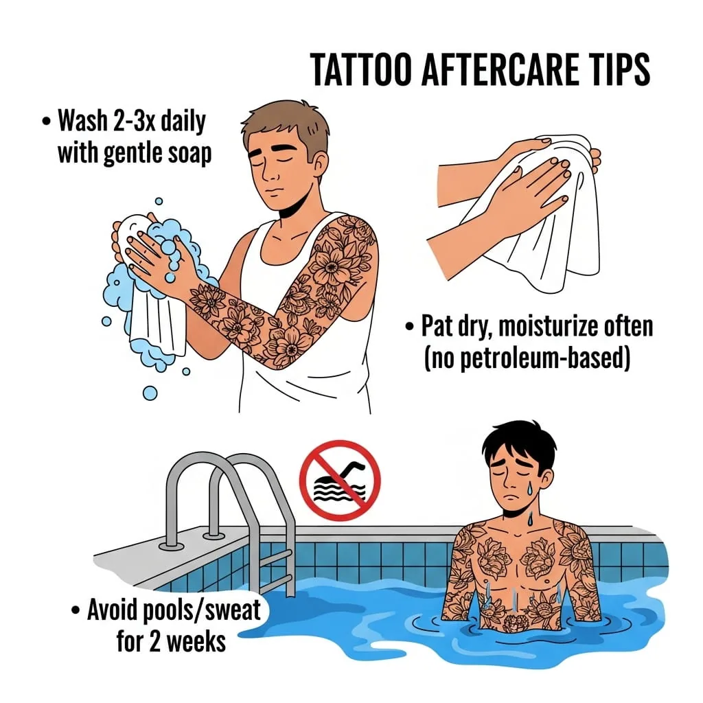 InkSquad tattoo aftercare guide showing washing, moisturising and avoiding pools for two weeks