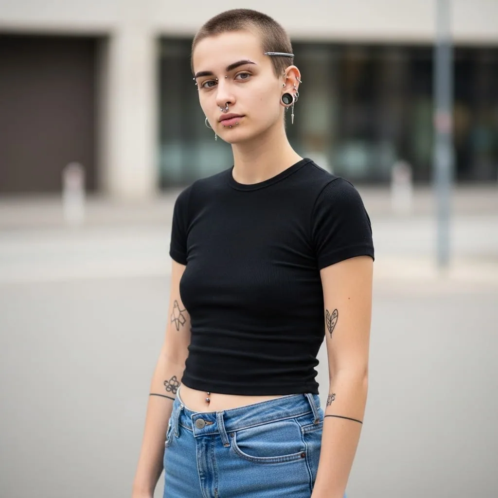 Client showing navel and body piercing placements
