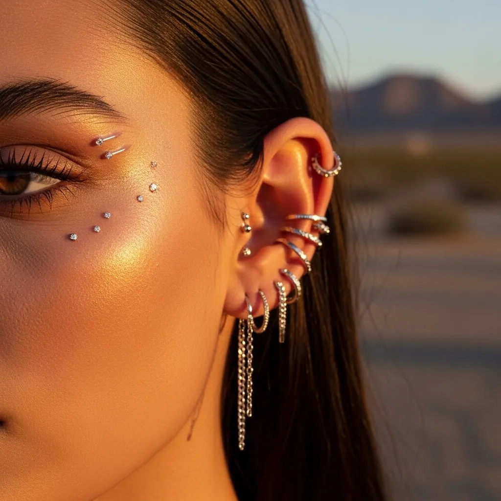 Stacked ear piercings and small face piercings on a client